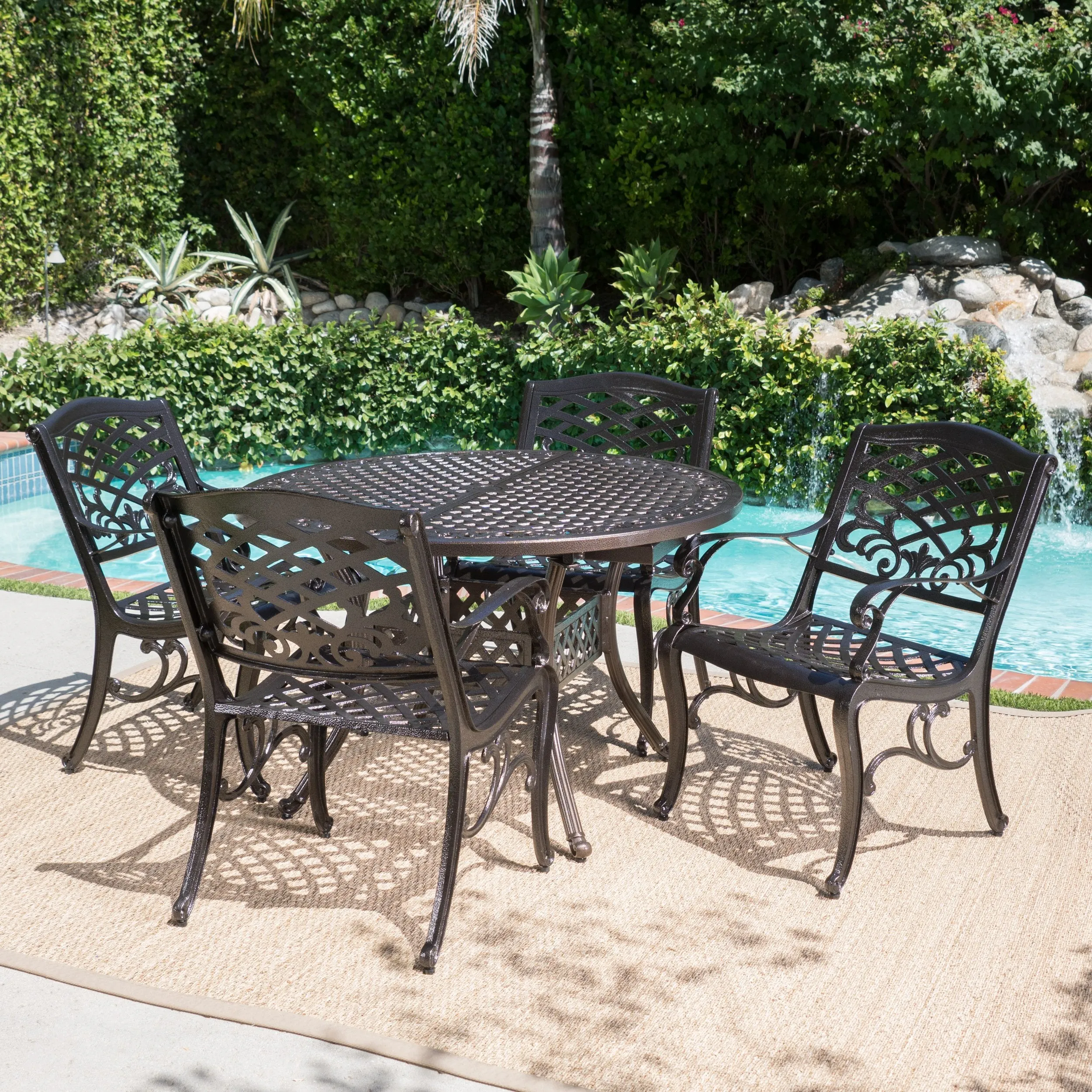 Outdoor 5 Piece Hammered Bronze Finished Aluminum Dining Set with Expandable Table - NH672103