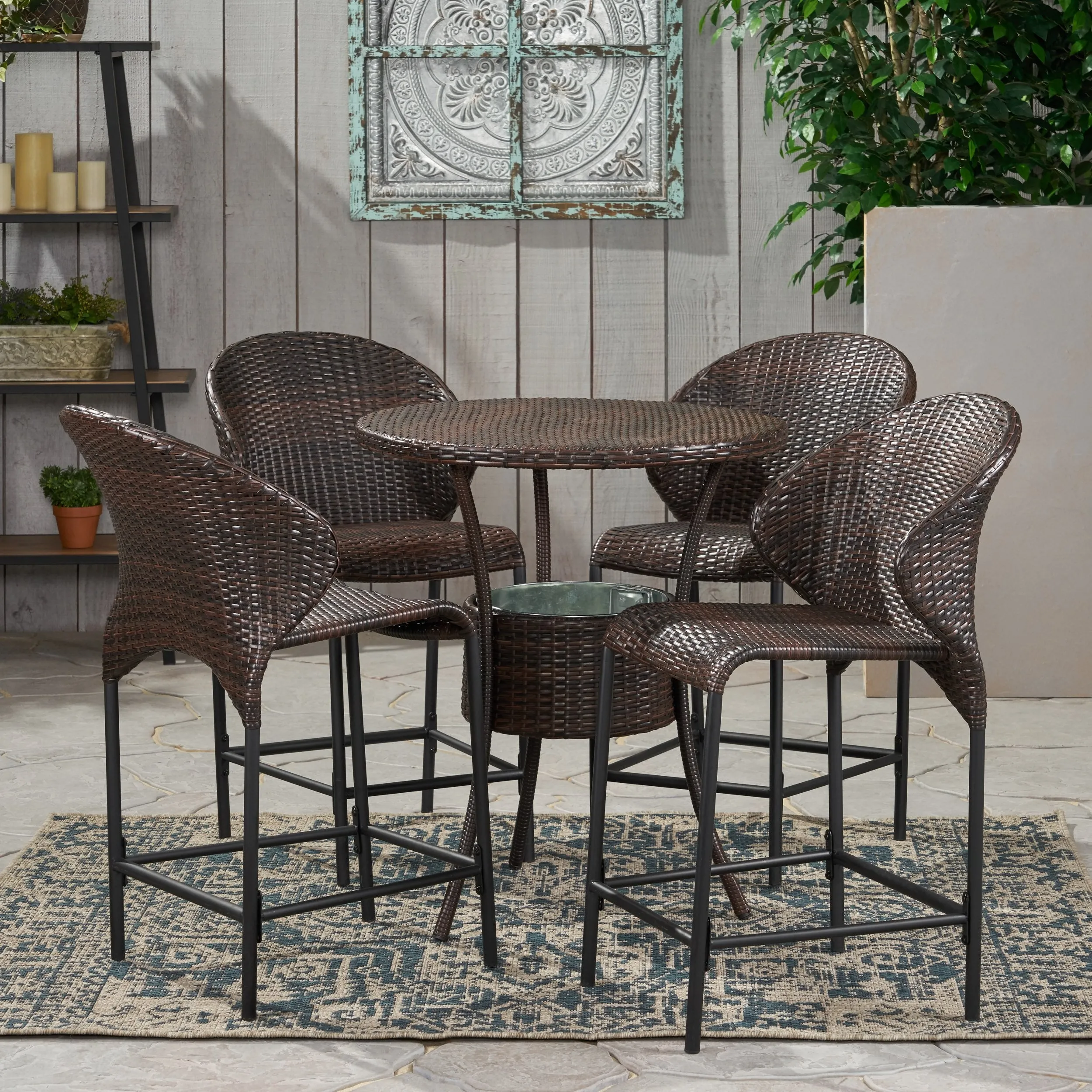 Outdoor 5-Piece Multi-Brown Wicker Bistro Bar Set with Ice Bucket - NH780832 patio chairs, outdoor seating