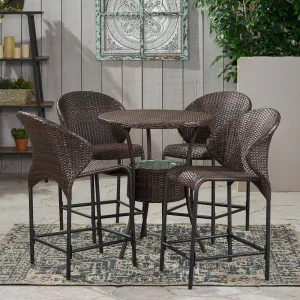 Outdoor 5-Piece Multi-Brown Wicker Bistro Bar Set with Ice Bucket - NH780832 patio chairs, outdoor seating