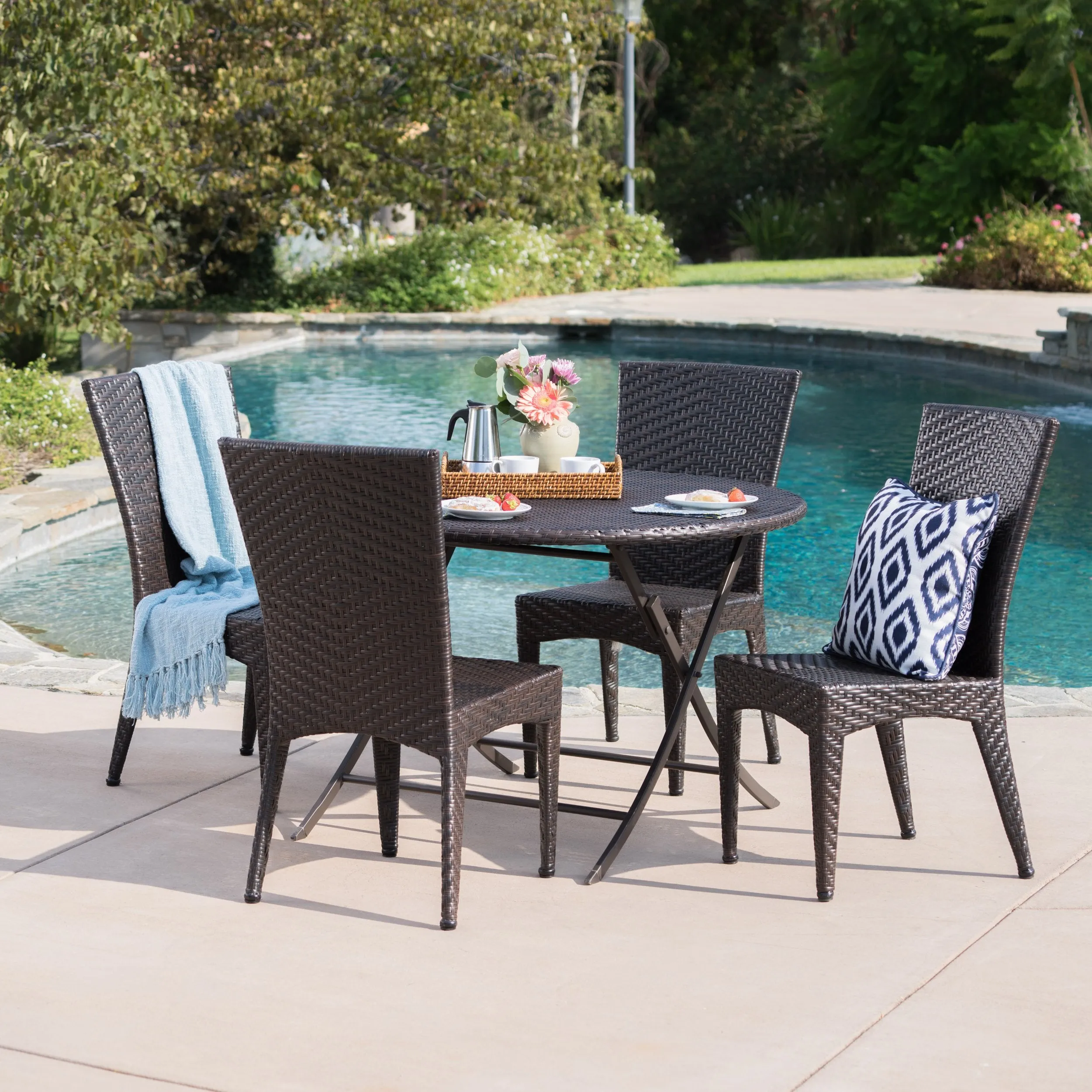 Outdoor 5 Piece Multi-Brown Wicker Dining Set with Foldable Table - NH300203 patio chairs, outdoor seating