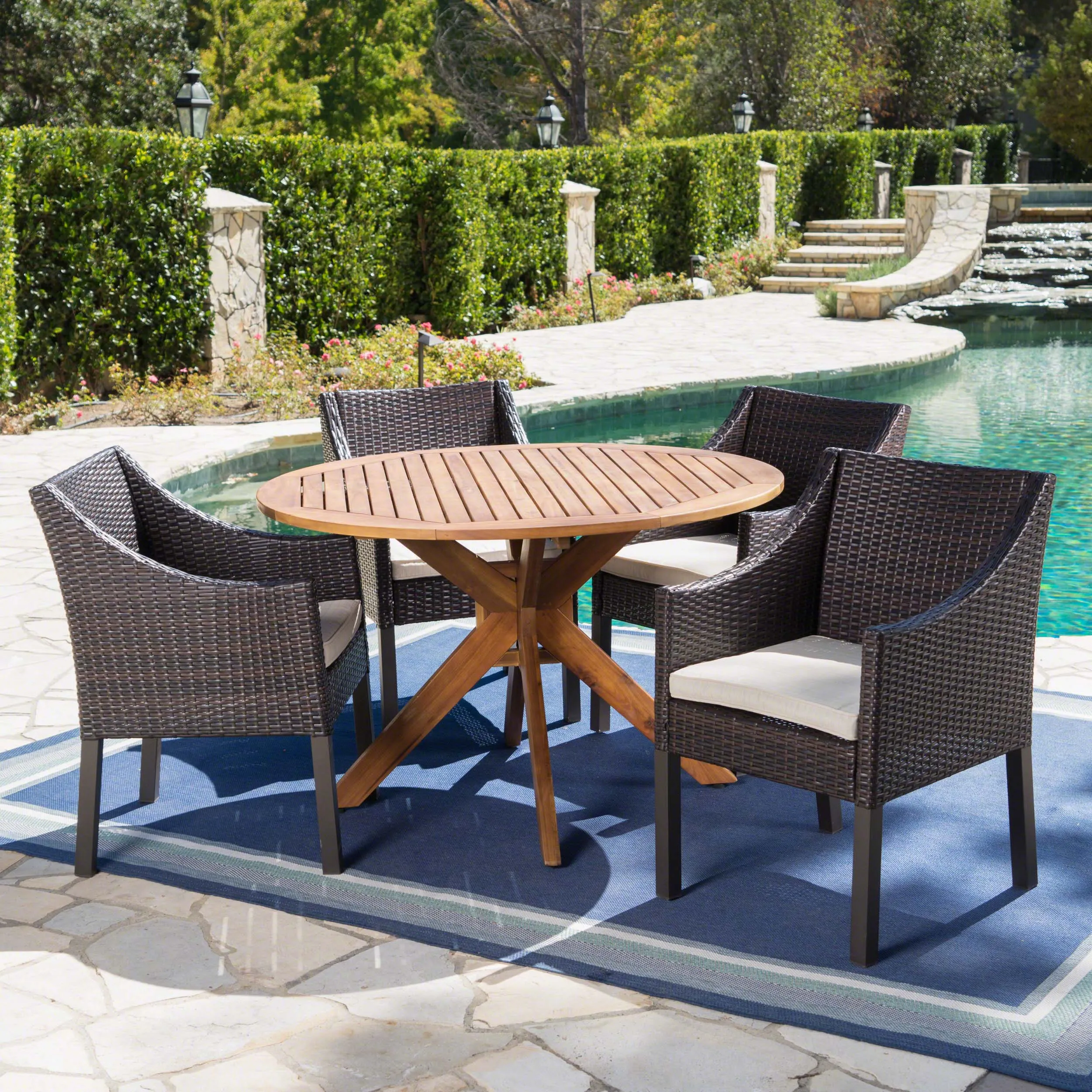 Outdoor 5 Piece Multi-brown Wicker Dining Set with Teak Finish Table - NH033203 patio chairs, outdoor seating