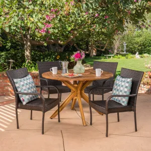 Outdoor 5 Piece Multibrown Wicker Dining Set with Teak Finish Circular Acacia Wood Dining Table - NH091403 patio chairs, outdoor seating