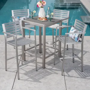 Outdoor 5 Piece Silver Rust-Proof Aluminum Bar Set with Grey Wicker Top Bar Table - NH462403 patio chairs, outdoor seating