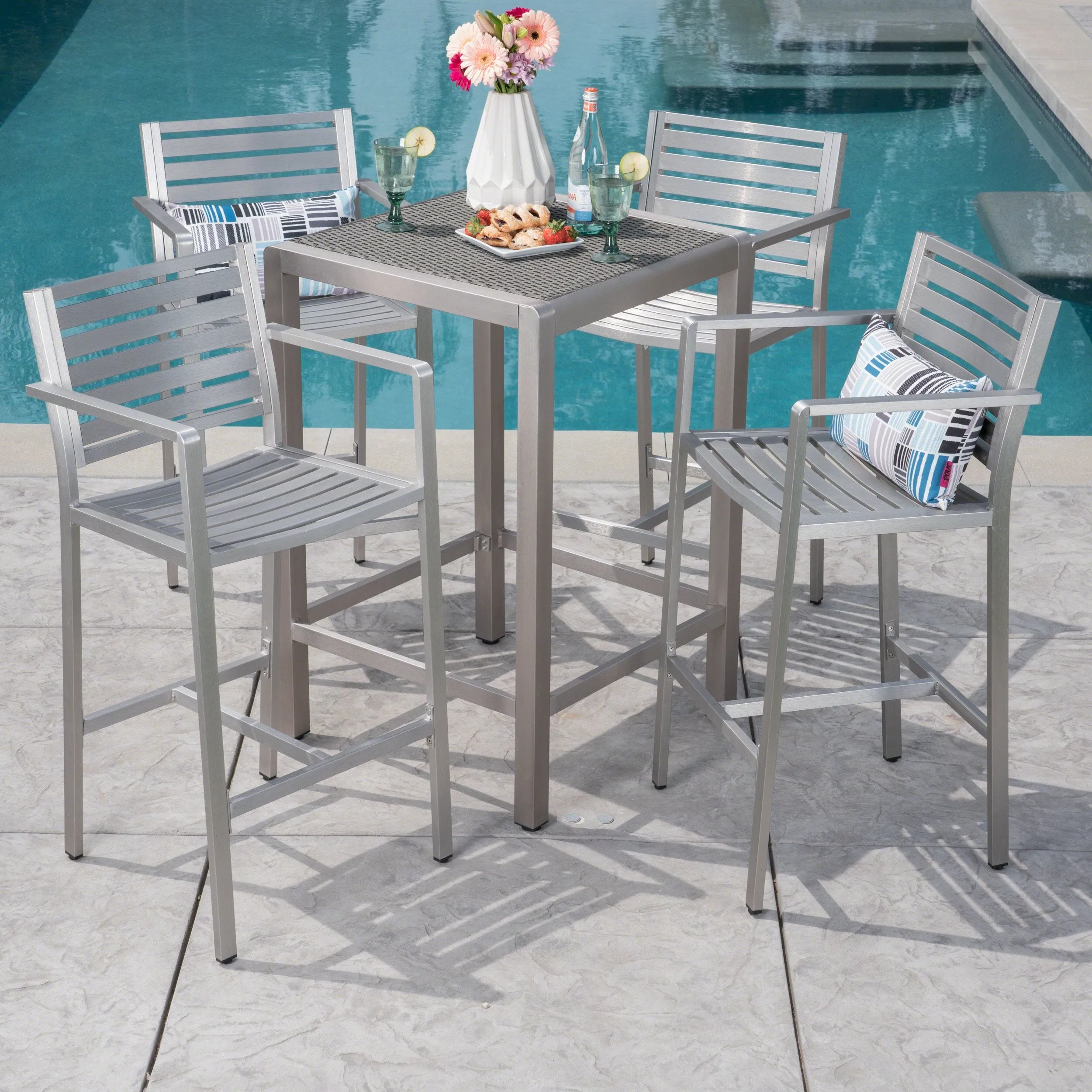 Outdoor 5 Piece Silver Rust-Proof Aluminum Bar Set with Grey Wicker Top Bar Table - NH462403 patio chairs, outdoor seating