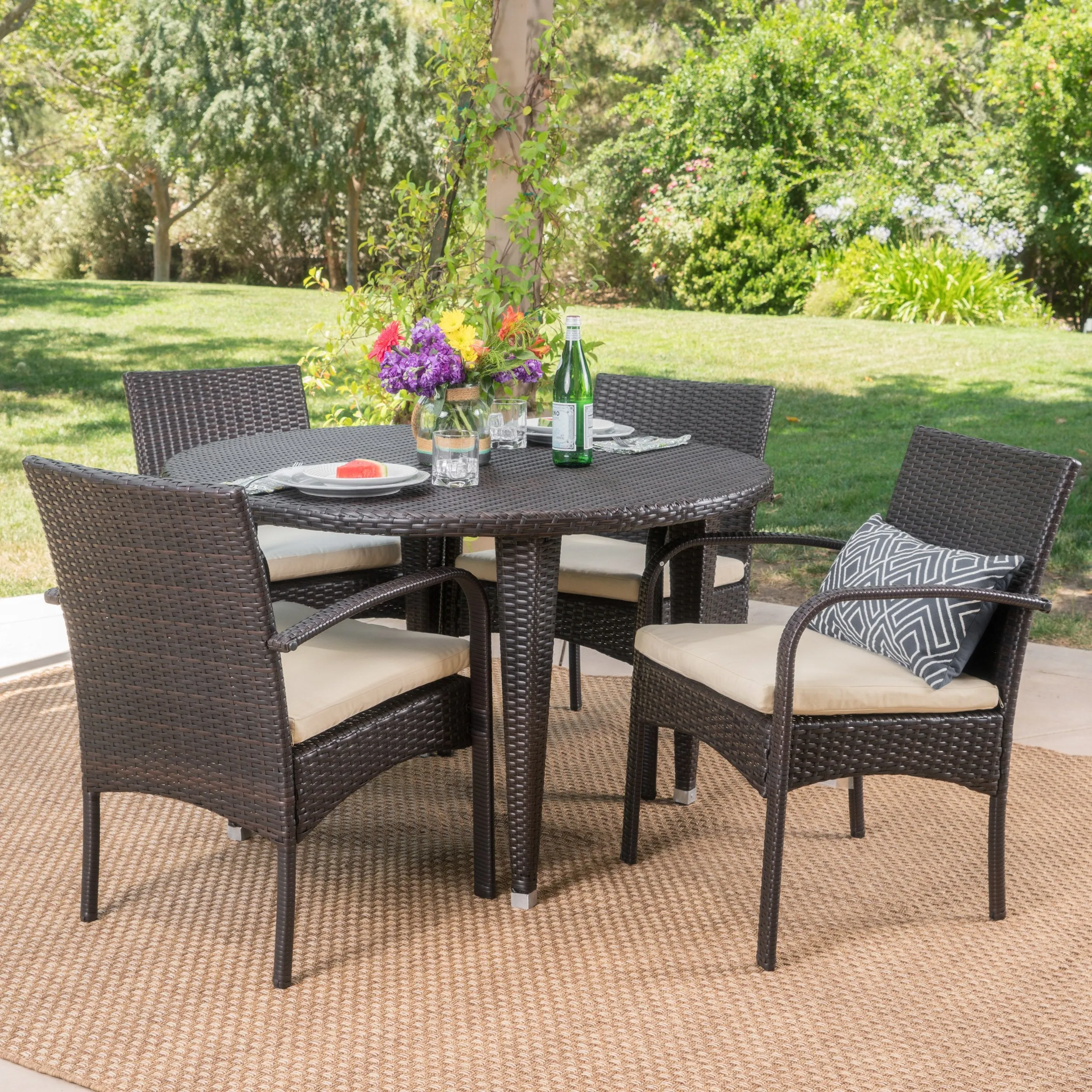 Outdoor 5 Piece Wicker Circular Dining Set with Water Resistant Cushions - NH841103 patio chairs, outdoor seating