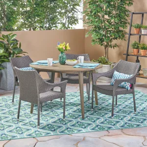 Outdoor 5 Piece Wicker Dining Set with Round Acacia Wood Slat Top Table - NH952503 patio chairs, outdoor seating
