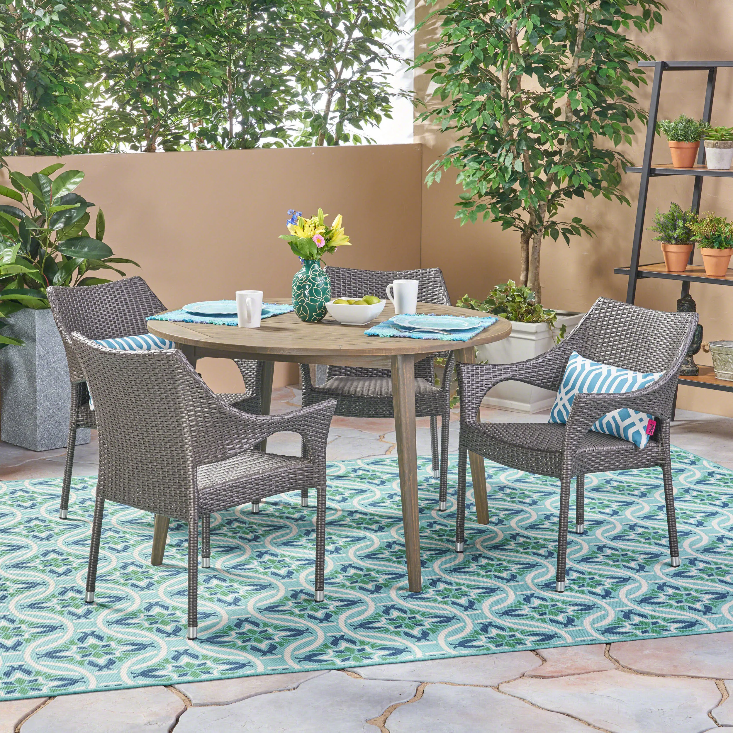 Outdoor 5 Piece Wicker Dining Set with Round Acacia Wood Slat Top Table - NH952503 patio chairs, outdoor seating