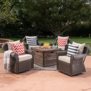 Outdoor 5 Piece Wicker Swivel Club Chair with Aluminum Frame and Fire Pit Set, Dark Brown with Beige and Brown - NH253403 patio chairs, outdoor seating