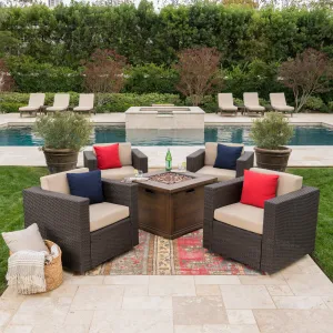 Outdoor 5 Piece Wicker Swivel Club Chairs with Brown Gas Fire Pit - NH728203 patio chairs, outdoor seating