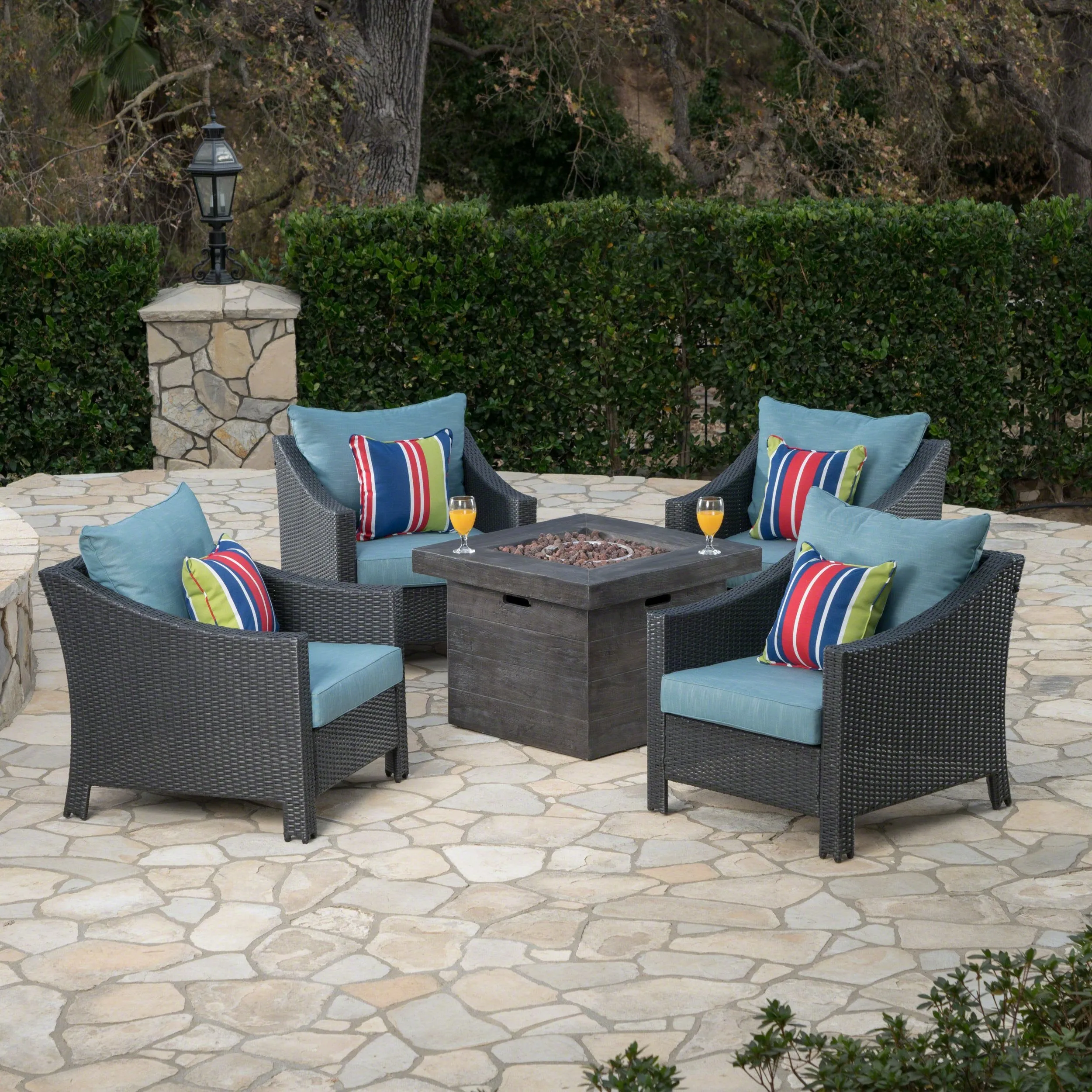 Outdoor 5 Piece Wicker Water Resistant Cushion Chat Set with Fire Pit - NH053303 patio chairs, outdoor seating