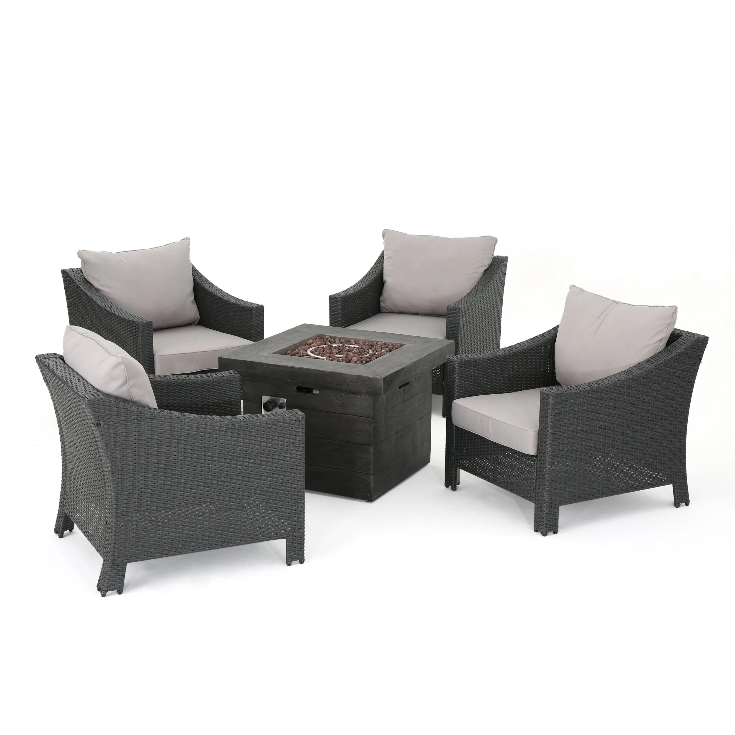 Outdoor 5 Piece Wicker Water Resistant Cushion Chat Set with Fire Pit - NH053303