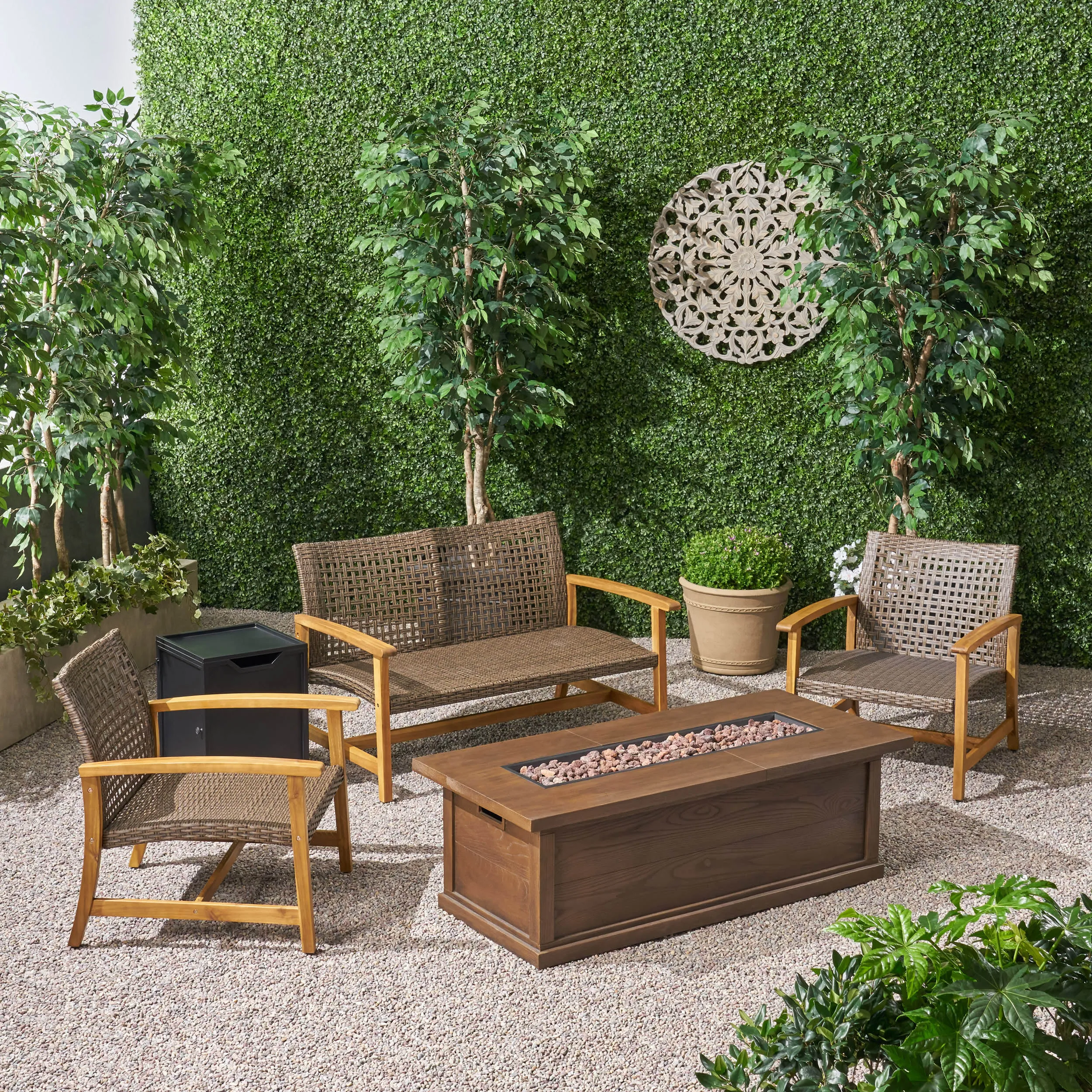 Outdoor 5 Piece Wood and Wicker Chat Set with Fire Pit - NH951803 patio chairs, outdoor seating
