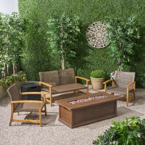 Outdoor 5 Piece Wood and Wicker Chat Set with Fire Pit - NH951803 patio chairs, outdoor seating