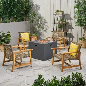 Outdoor 5 Piece Wood and Wicker Club Chairs and Fire Pit Set - NH051803 patio chairs, outdoor seating