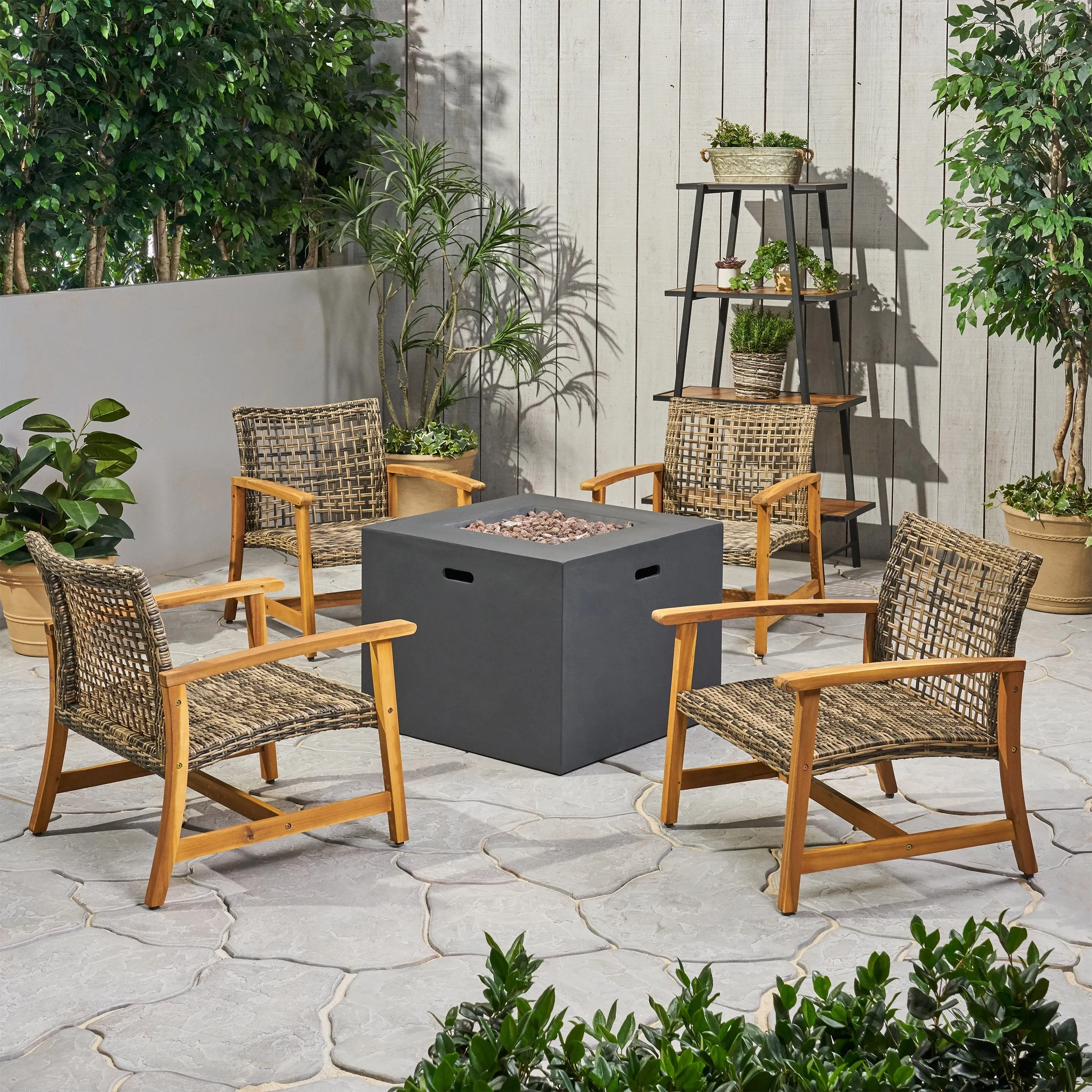 Outdoor 5 Piece Wood and Wicker Club Chairs and Fire Pit Set - NH051803