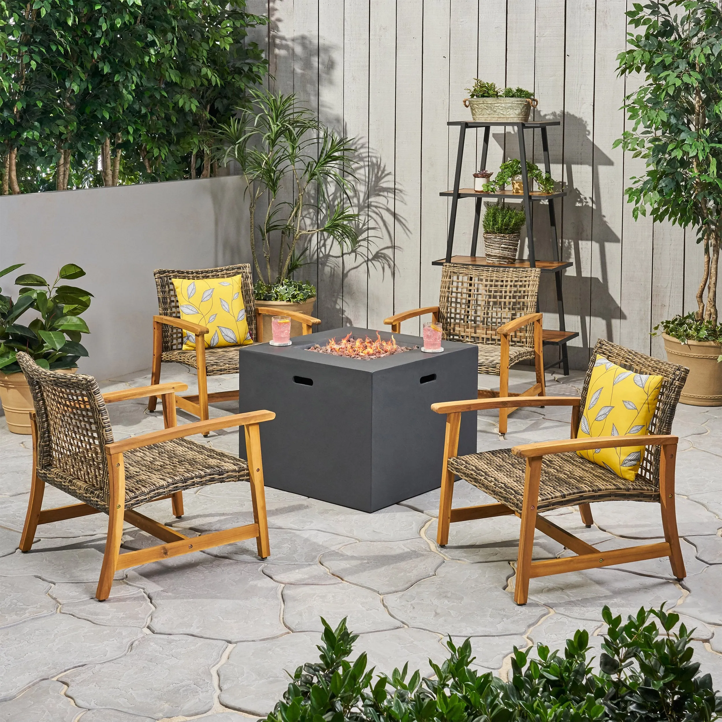 Outdoor 5 Piece Wood and Wicker Club Chairs and Fire Pit Set - NH051803 patio chairs, outdoor seating