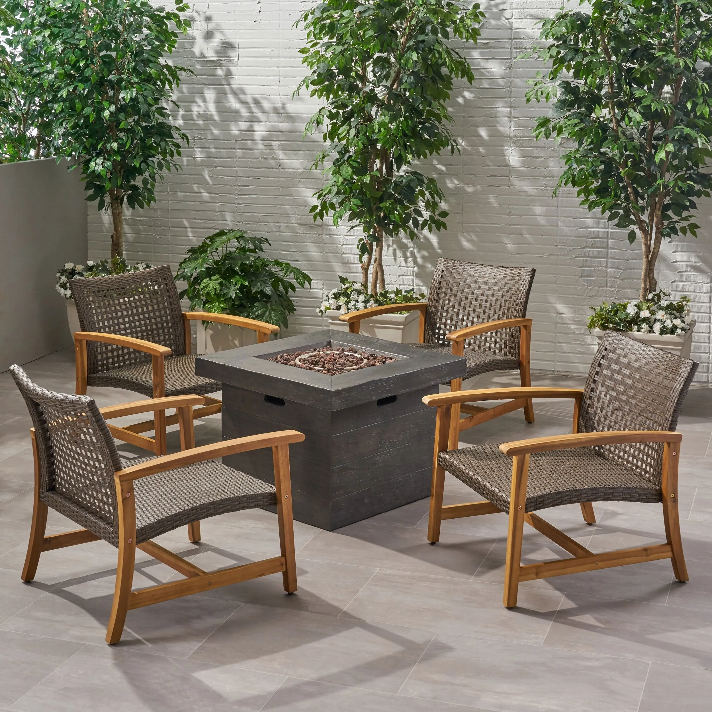 Outdoor 5 Piece Wood and Wicker Club Chairs and Fire Pit Set - NH451803 patio chairs, outdoor seating