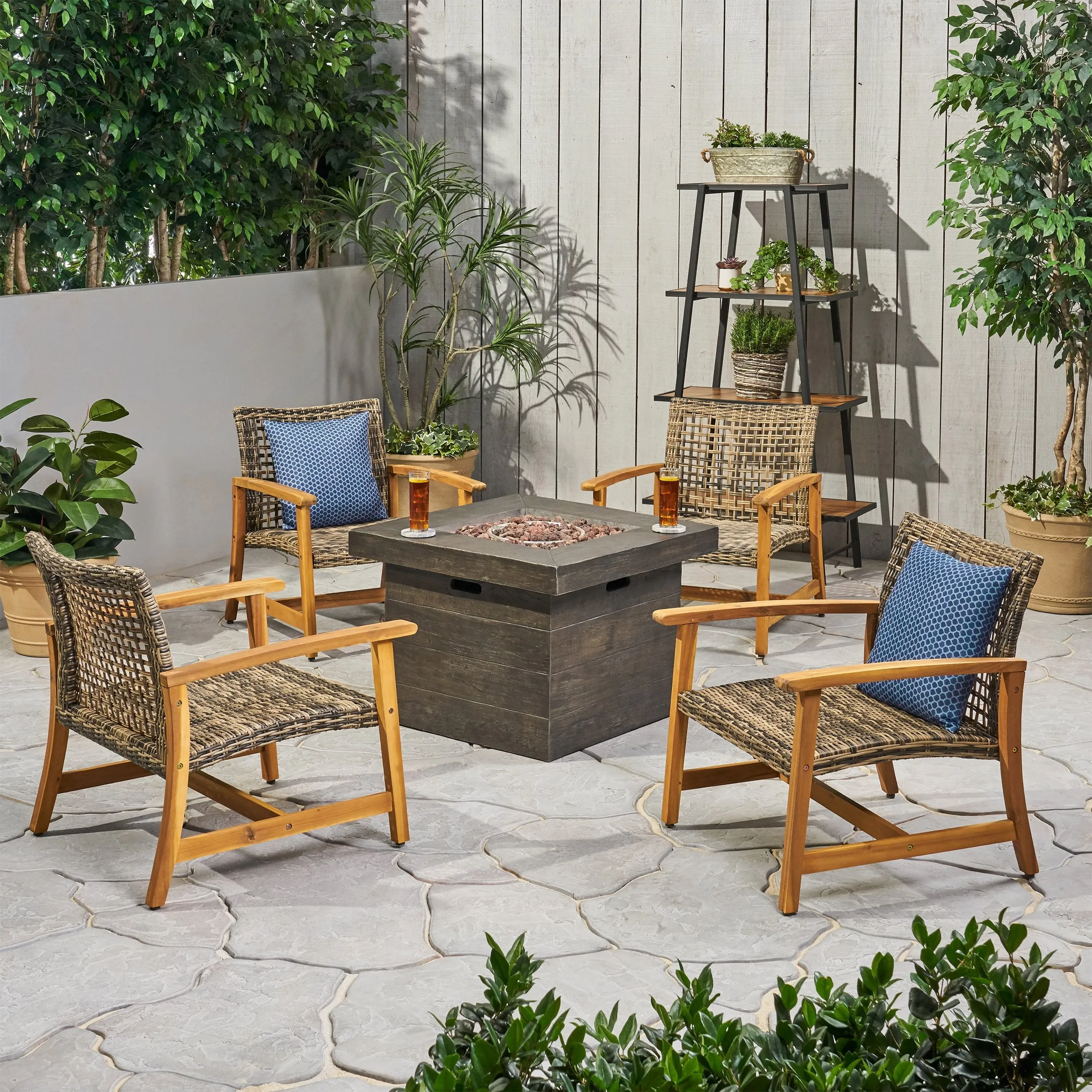 Outdoor 5 Piece Wood and Wicker Club Chairs and Fire Pit Set - NH651803 patio chairs, outdoor seating