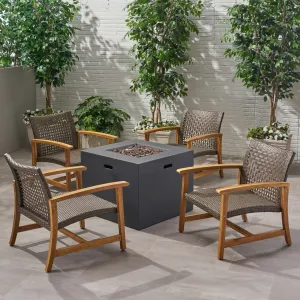 Outdoor 5 Piece Wood and Wicker Club Chairs and Fire Pit Set - NH841803 patio chairs, outdoor seating