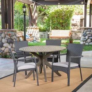 Outdoor 5 Piece Wood and Wicker Dining Set, Gray and Gray - NH011503 patio chairs, outdoor seating