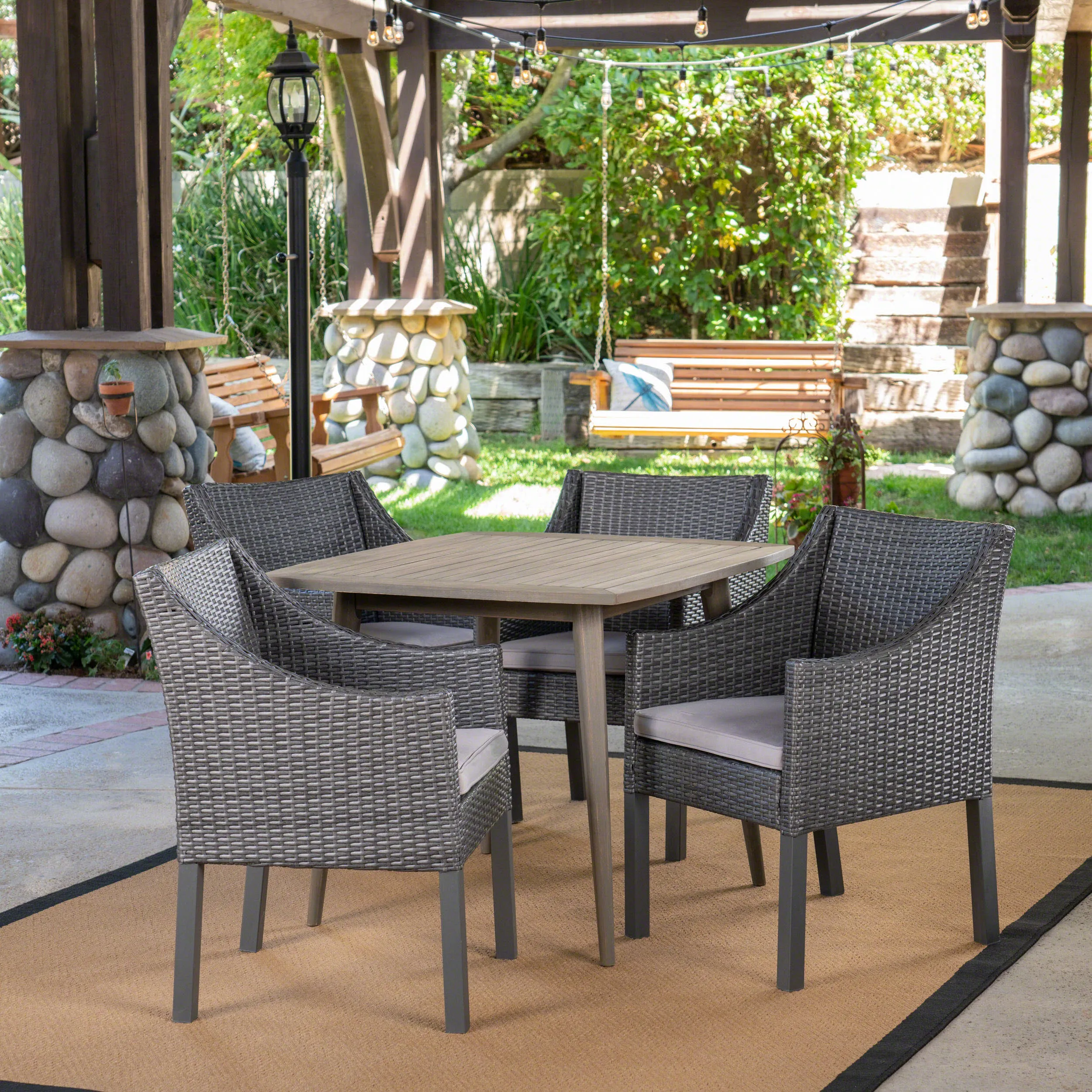 Outdoor 5 Piece Wood and Wicker Dining Set, Gray and Gray - NH121503 patio chairs, outdoor seating