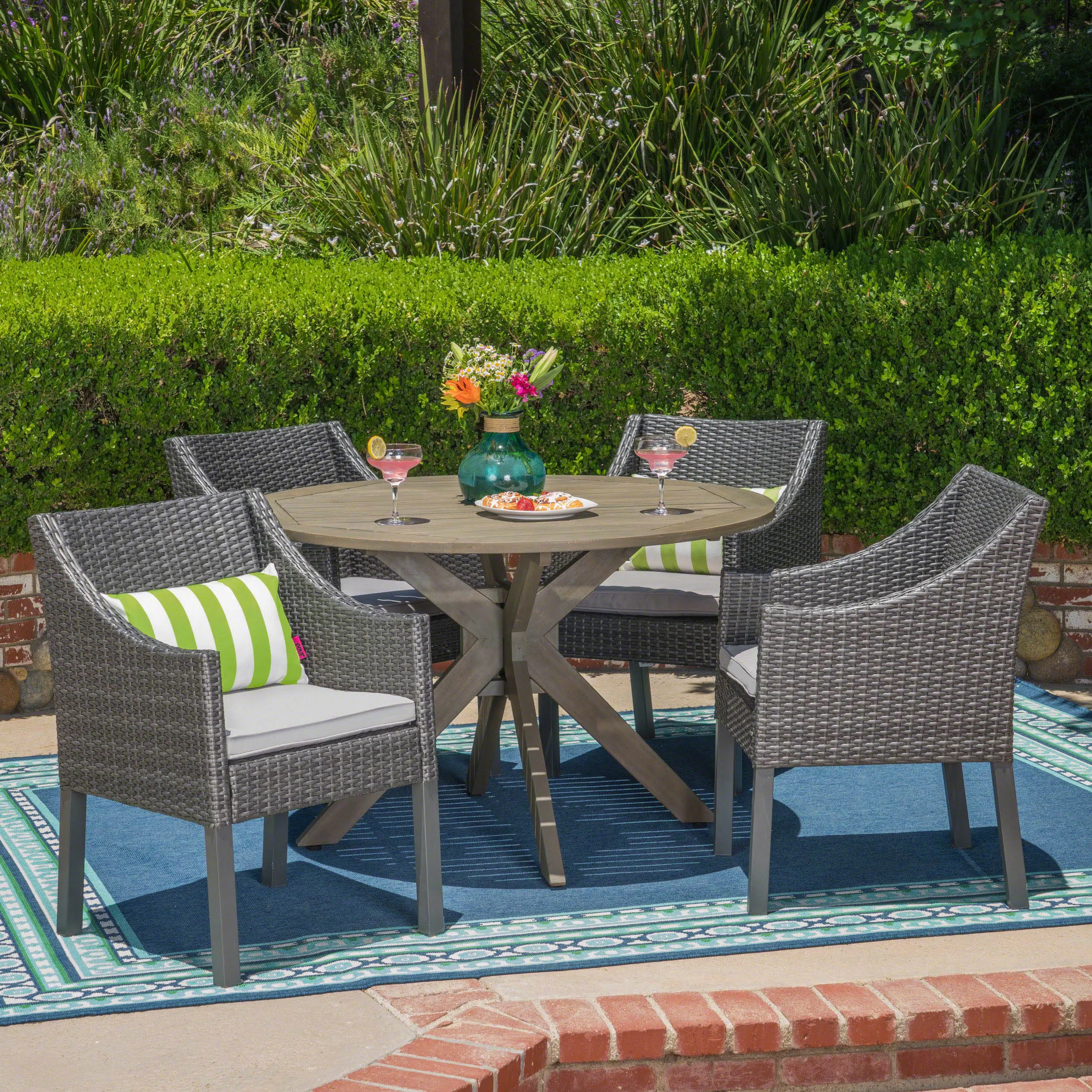 Outdoor 5 Piece Wood and Wicker Dining Set, Gray and Gray - NH401503 patio chairs, outdoor seating