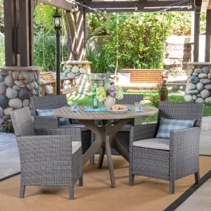 Outdoor 5 Piece Wood and Wicker Dining Set, Gray and Gray - NH501503 patio chairs, outdoor seating