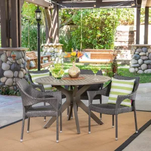 Outdoor 5 Piece Wood and Wicker Dining Set, Gray and Gray - NH801503 patio chairs, outdoor seating