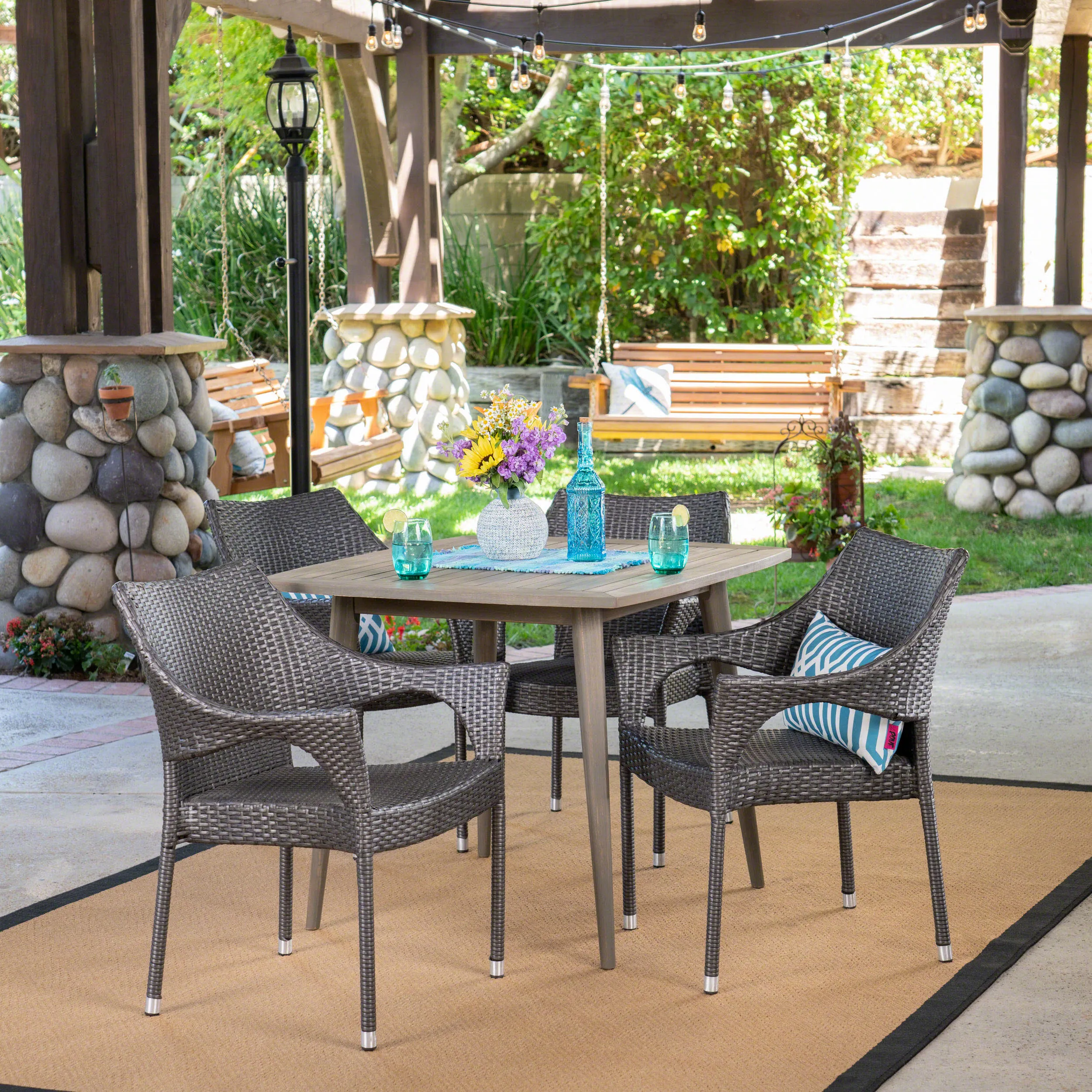 Outdoor 5 Piece Wood and Wicker Dining Set, Gray and Gray - NH811503 patio chairs, outdoor seating