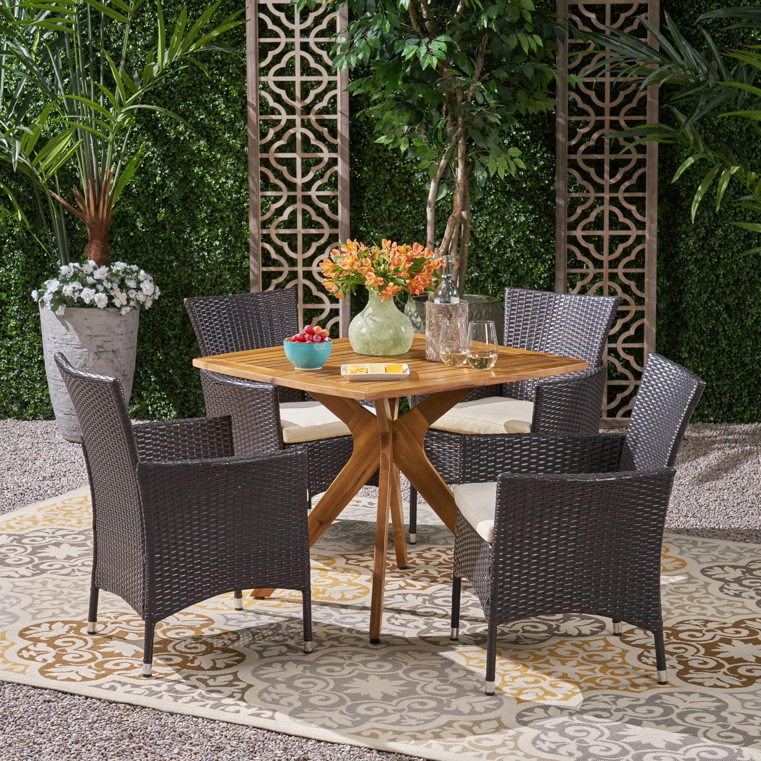 Outdoor 5 Piece Wood and Wicker Dining Set - NH291503 patio chairs, outdoor seating