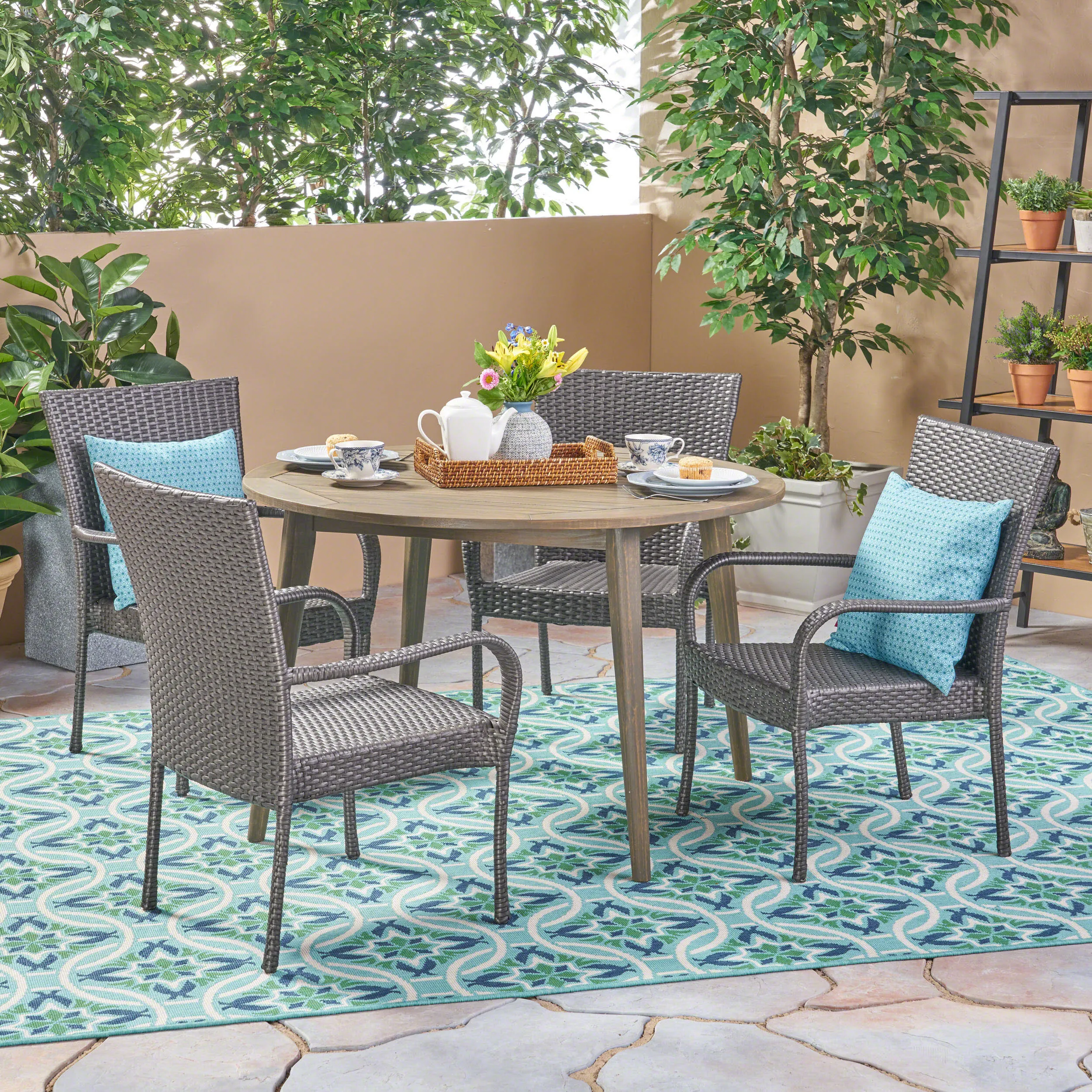 Outdoor 5 Piece Wood and Wicker Dining Set - NH852503 patio chairs, outdoor seating