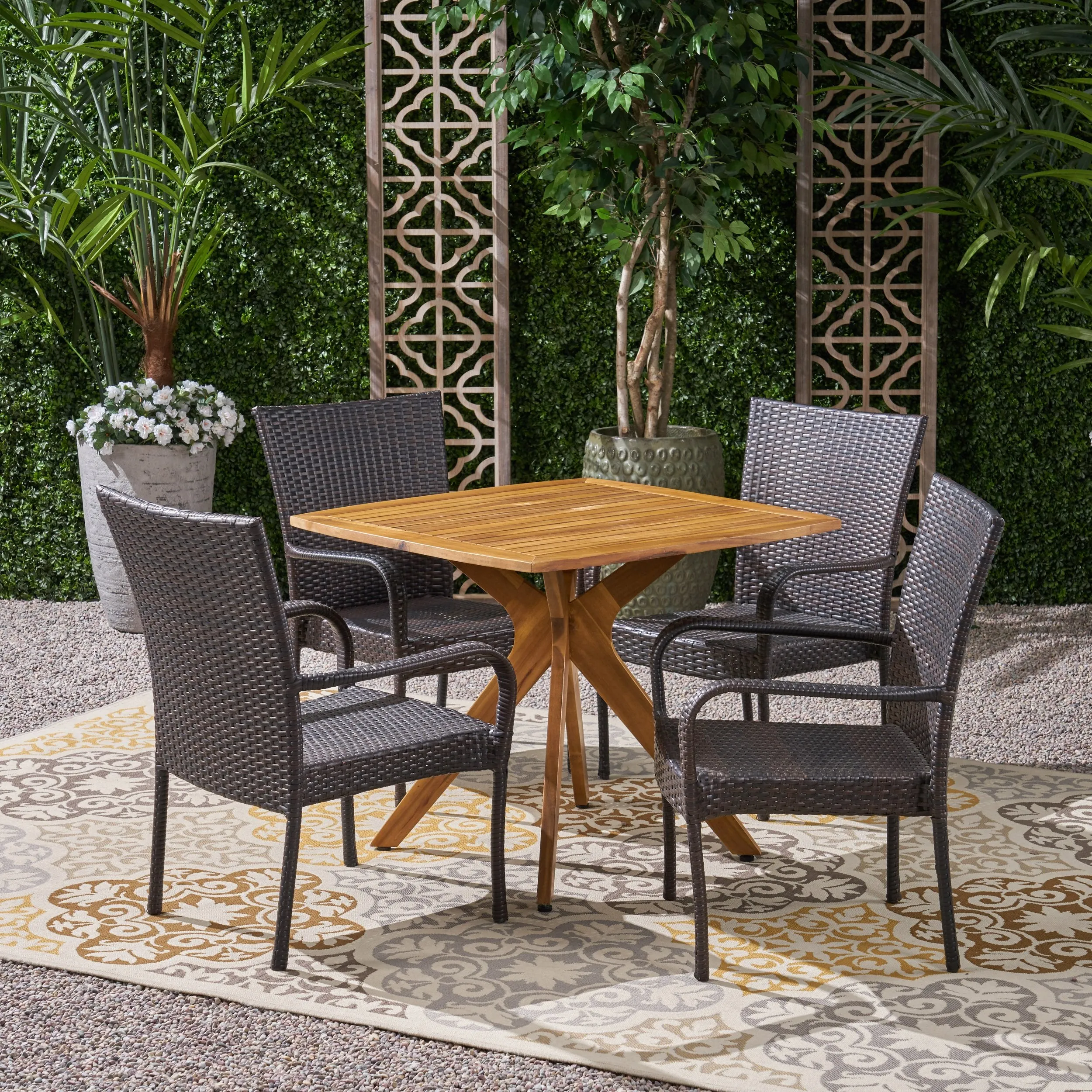 Outdoor 5 Piece Wood and Wicker Dining Set - NH981503 patio chairs, outdoor seating