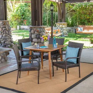 Outdoor 5 Piece Wood and Wicker Dining Set, Teak and Multi Brown - NH211503 patio chairs, outdoor seating