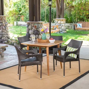 Outdoor 5 Piece Wood and Wicker Dining Set, Teak and Multi Brown - NH311503 patio chairs, outdoor seating