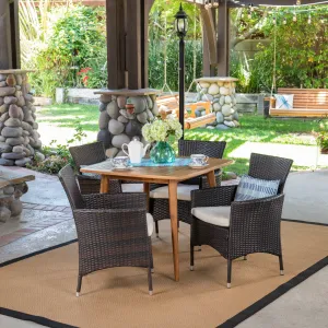 Outdoor 5 Piece Wood and Wicker Dining Set, Teak and Multi Brown - NH511503 patio chairs, outdoor seating