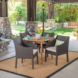 Outdoor 5 Piece Wood and Wicker Dining Set, Teak and Multi Brown - NH611503 patio chairs, outdoor seating