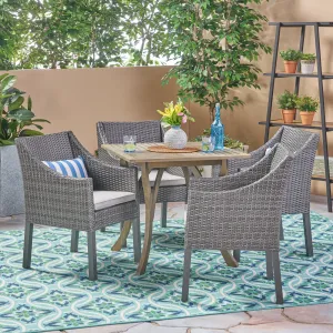 Outdoor 5 Piece Wood and Wicker Square Dining Set, Gray and Gray - NH222503 patio chairs, outdoor seating