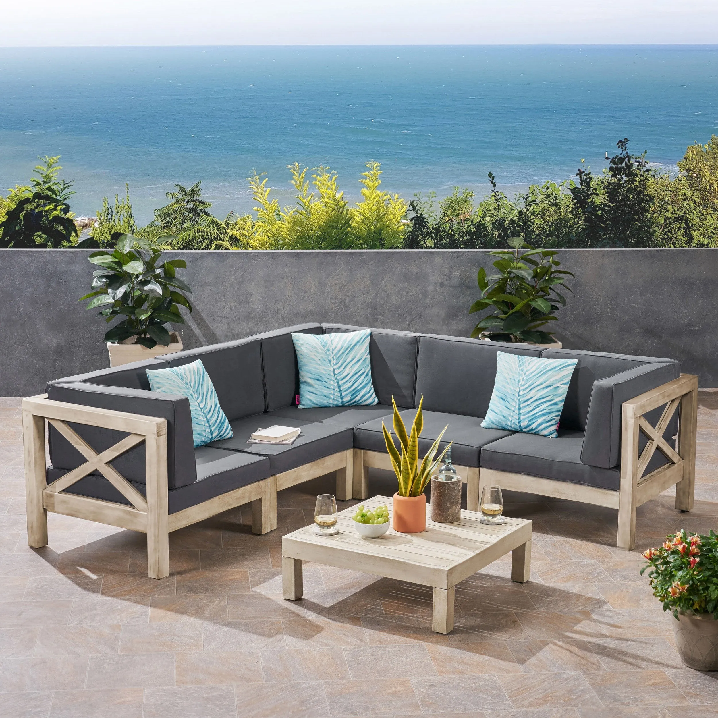 Outdoor 5-Seater Gray Acacia Wood Sectional Sofa Set with Coffee Table - NH717603 patio chairs, outdoor seating