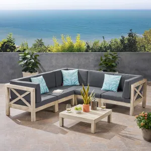 Outdoor 5-Seater Gray Acacia Wood Sectional Sofa Set with Coffee Table - NH717603 patio chairs, outdoor seating