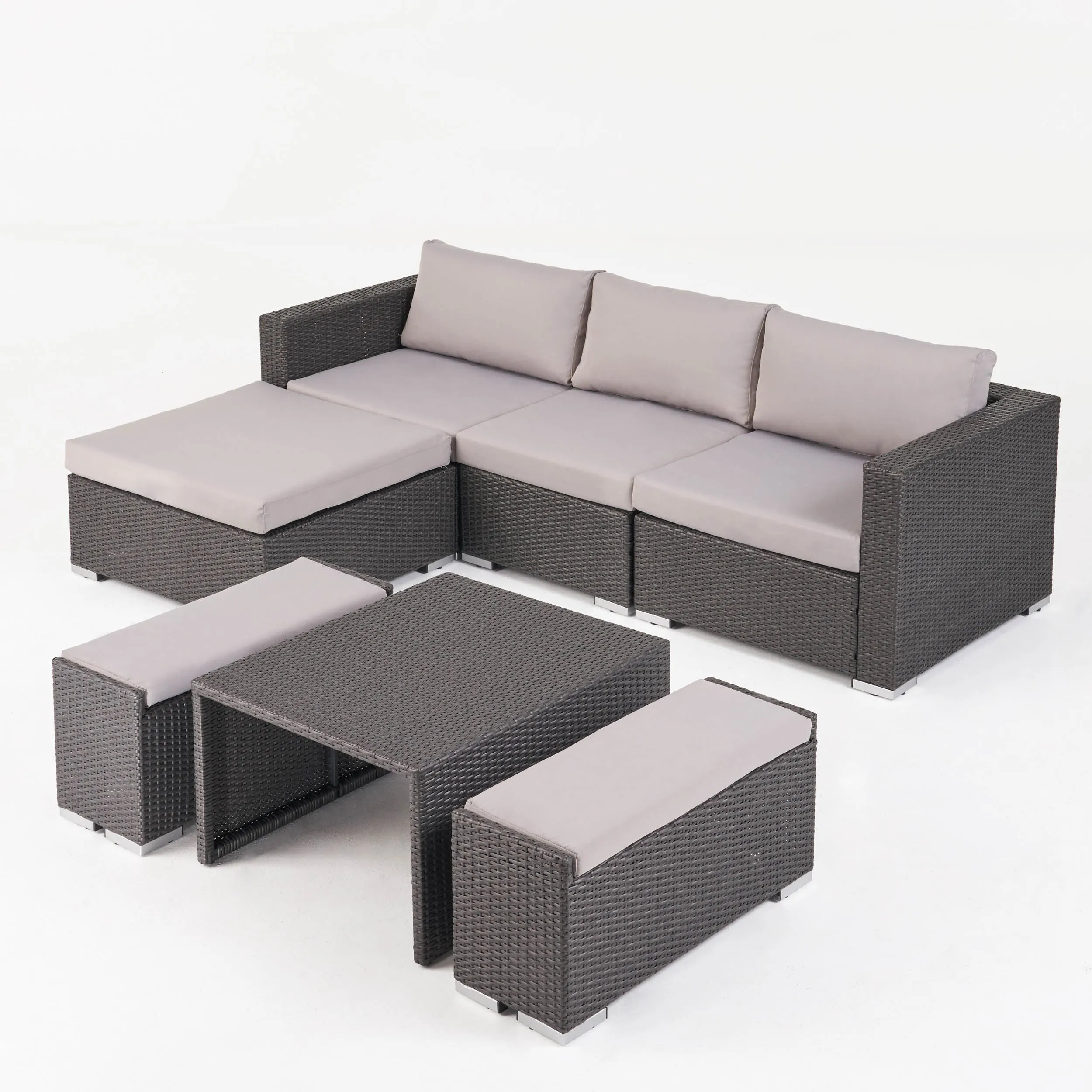 Outdoor 5 Seater L Shaped Wicker Sofa and Ottoman Set - NH759903