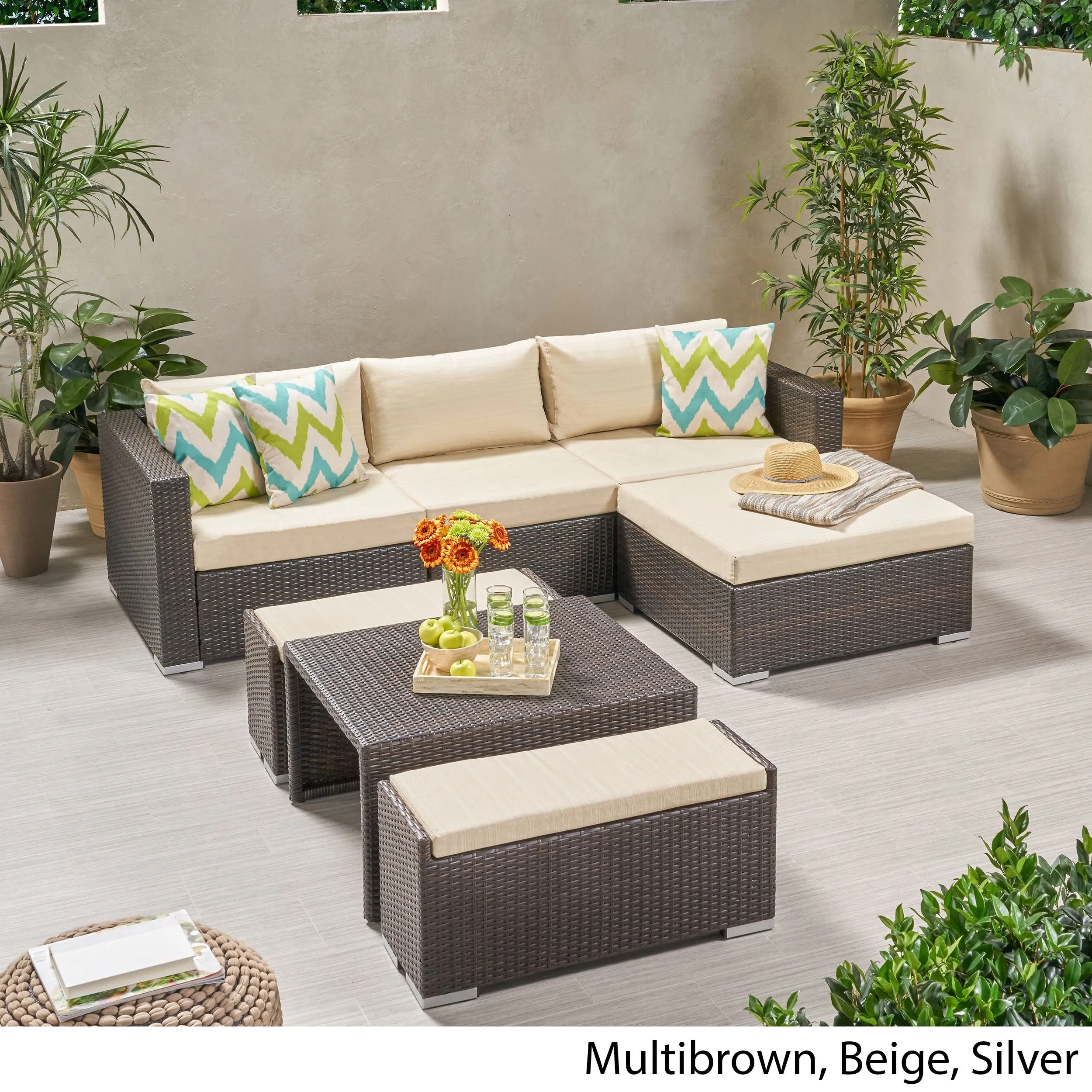 Outdoor 5 Seater L Shaped Wicker Sofa and Ottoman Set - NH759903