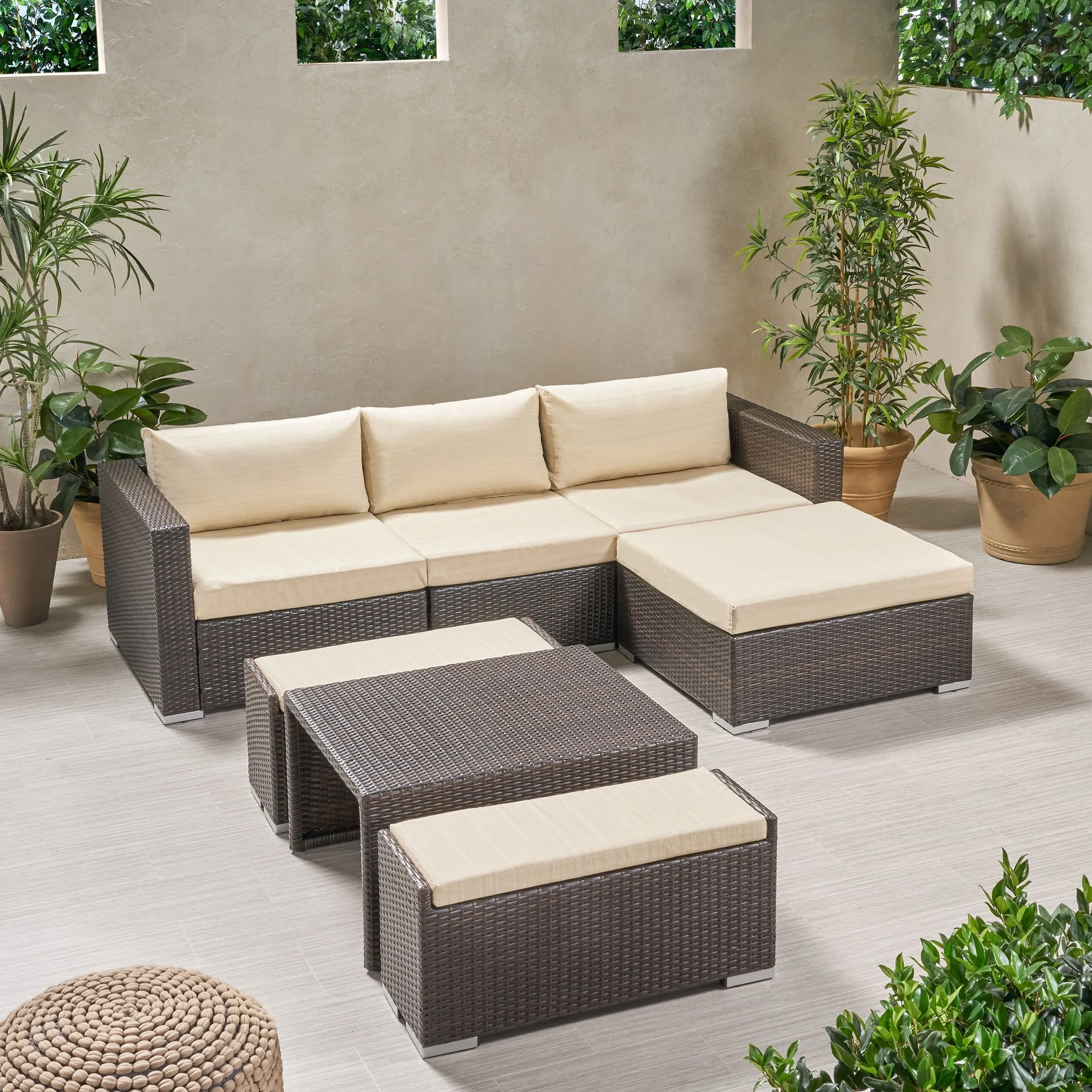 Outdoor 5 Seater L Shaped Wicker Sofa and Ottoman Set - NH759903