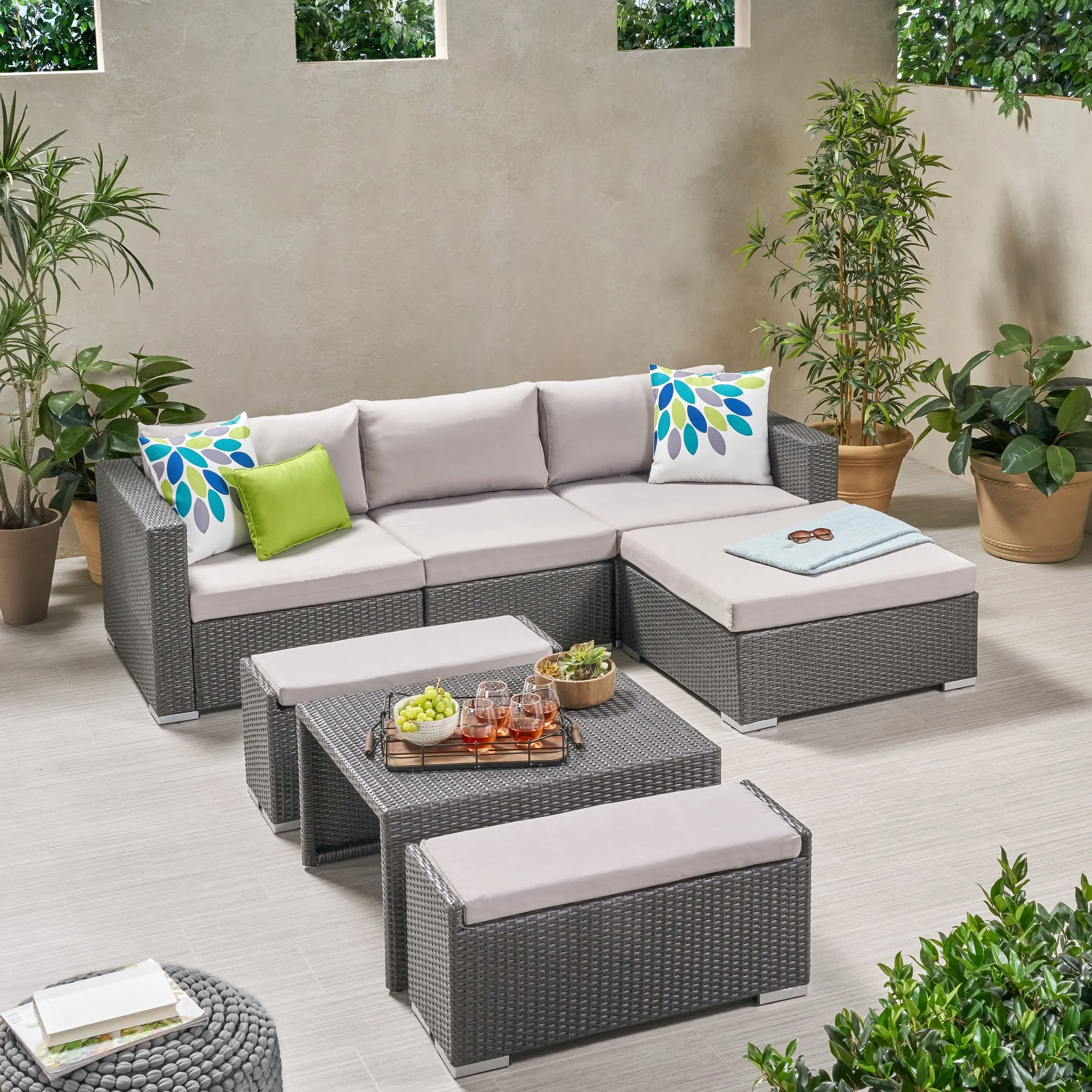 Outdoor 5 Seater L Shaped Wicker Sofa and Ottoman Set - NH759903