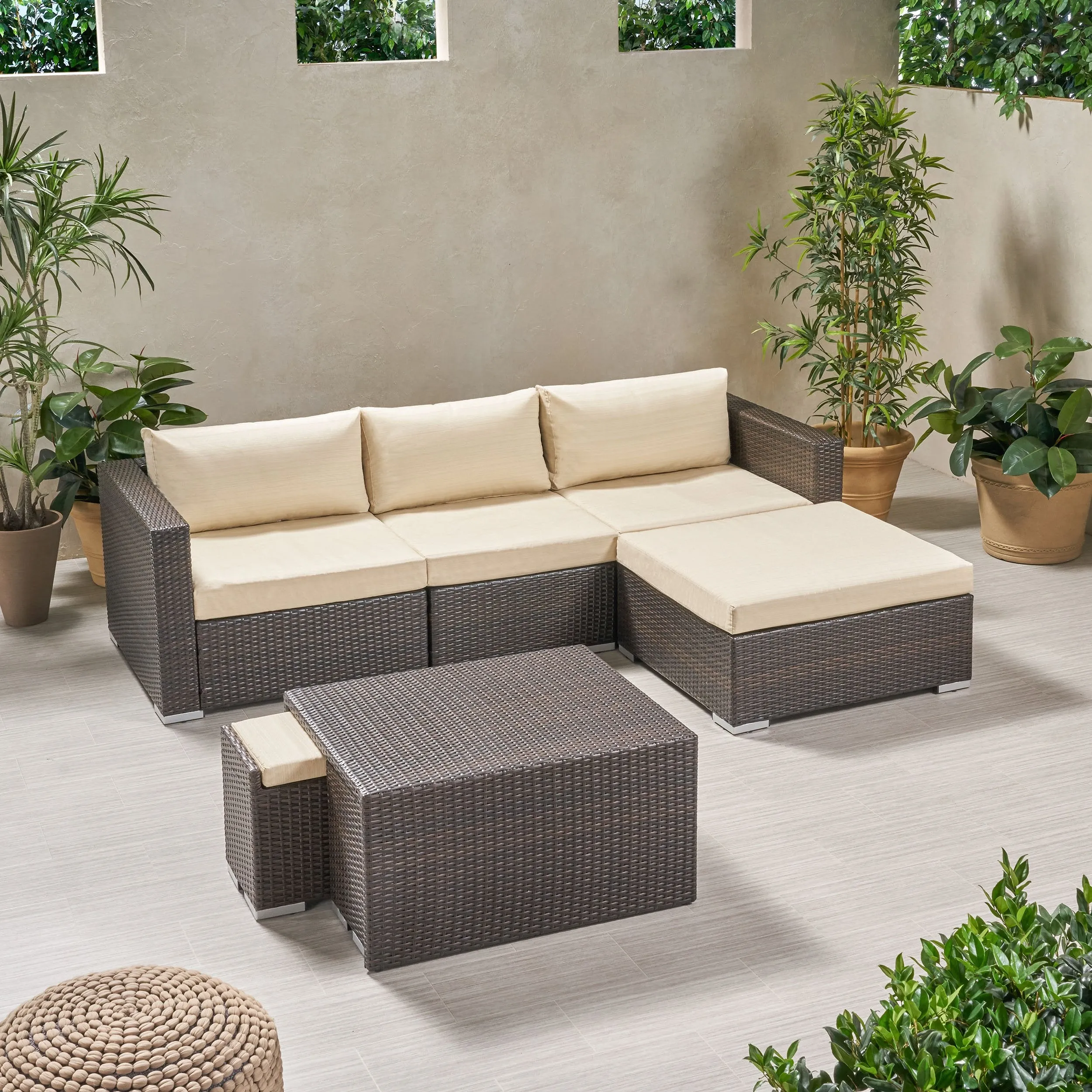 Outdoor 5 Seater L Shaped Wicker Sofa and Ottoman Set - NH759903