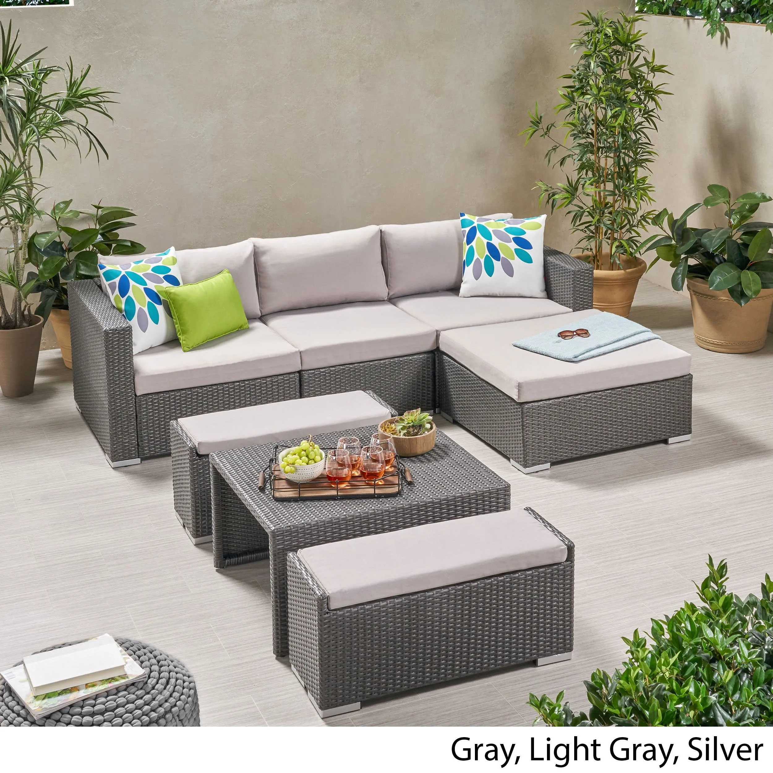 Outdoor 5 Seater L Shaped Wicker Sofa and Ottoman Set - NH759903