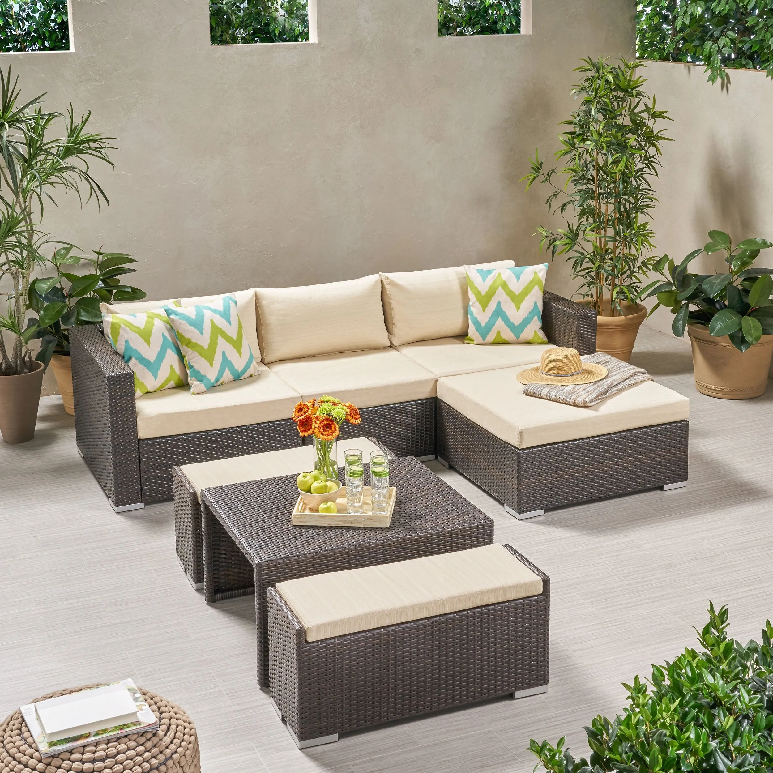 Outdoor 5 Seater L Shaped Wicker Sofa and Ottoman Set - NH759903 patio chairs, outdoor seating