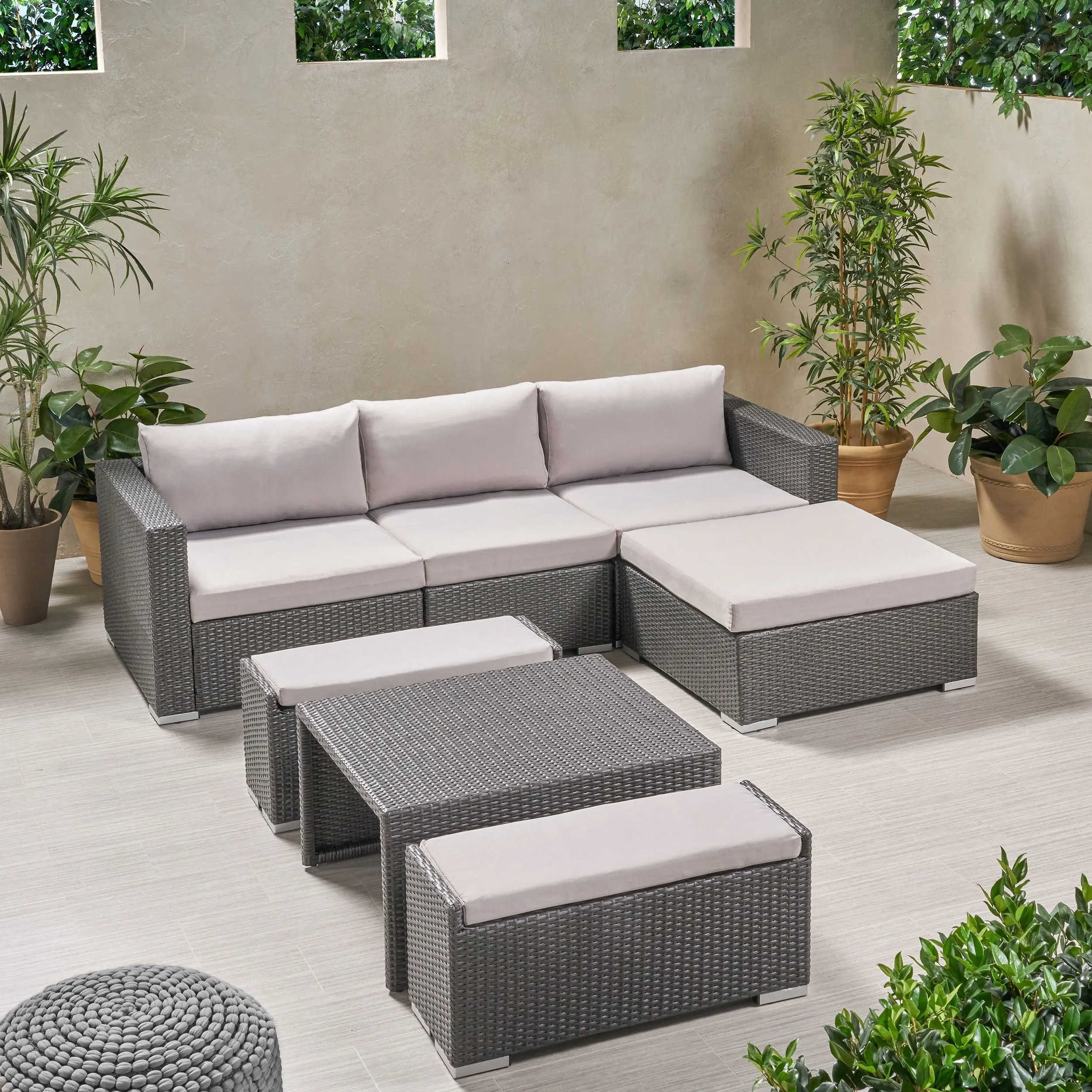 Outdoor 5 Seater L Shaped Wicker Sofa and Ottoman Set - NH759903