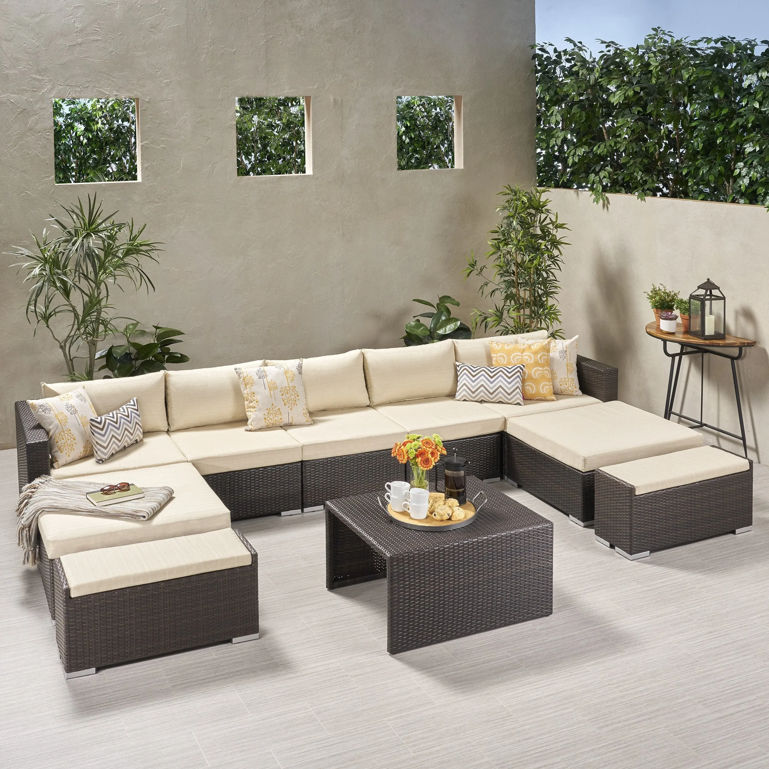 Outdoor 5 Seater U Shaped Wicker Sectional Sofa Set with Ottomans - NH569903 patio chairs, outdoor seating