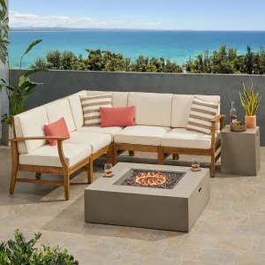 Outdoor 5 Seater V-Shaped Acacia Wood Sofa Set with Square Fire Table and Tank - NH895503 patio chairs, outdoor seating