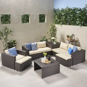 Outdoor 5 Seater V Shaped Wicker Storage Sectional Sofa Set with Ottomans - NH969903 patio chairs, outdoor seating
